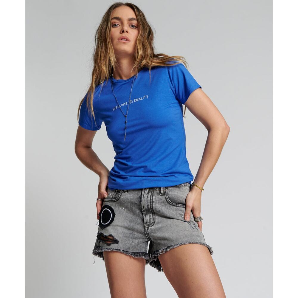 ONE TEASPOON Cobalt Blue Welcome To Reality Fitted Short Sleeve T-Shirt Size XS
